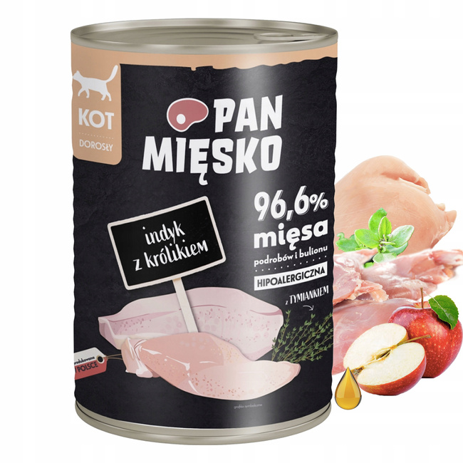 PAN MIĘSKO Karma mokra dla kota Indyk Królik 12 x 400g Bezzbożowa